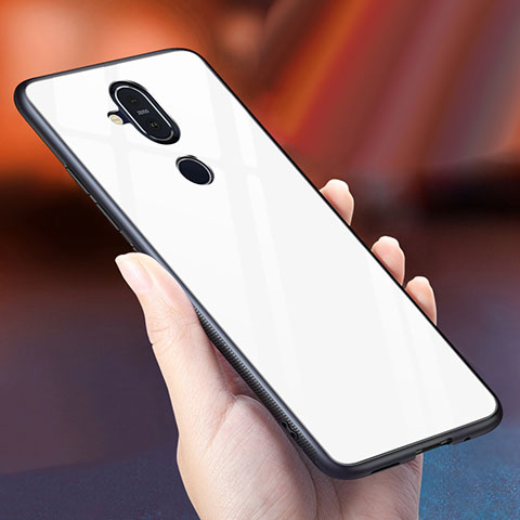 Coque Rebord Contour Silicone et Vitre Miroir Housse Etui Degrade Arc en Ciel pour Nokia 7.1 Plus Blanc