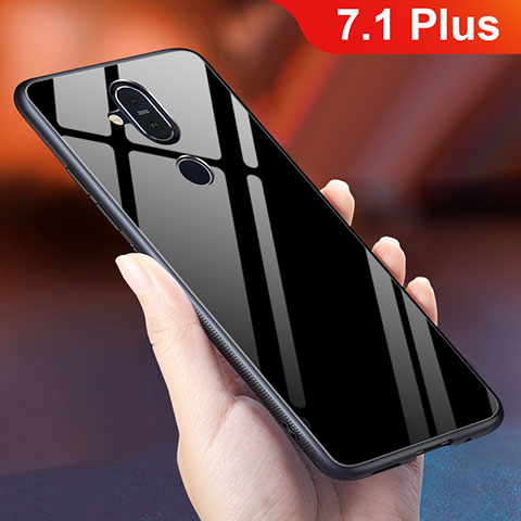 Coque Rebord Contour Silicone et Vitre Miroir Housse Etui Degrade Arc en Ciel pour Nokia 7.1 Plus Noir