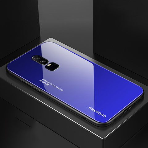 Coque Rebord Contour Silicone et Vitre Miroir Housse Etui Degrade Arc en Ciel pour OnePlus 6 Bleu