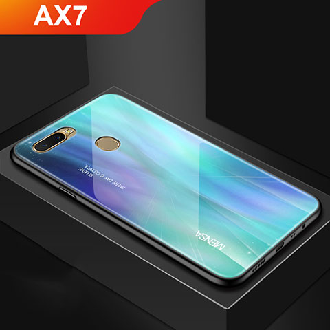 Coque Rebord Contour Silicone et Vitre Miroir Housse Etui Degrade Arc en Ciel pour Oppo AX7 Cyan