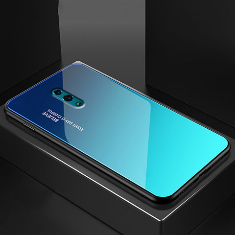 Coque Rebord Contour Silicone et Vitre Miroir Housse Etui Degrade Arc en Ciel pour Oppo Reno Bleu