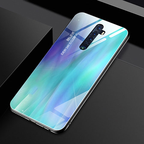 Coque Rebord Contour Silicone et Vitre Miroir Housse Etui Degrade Arc en Ciel pour Oppo Reno2 Cyan