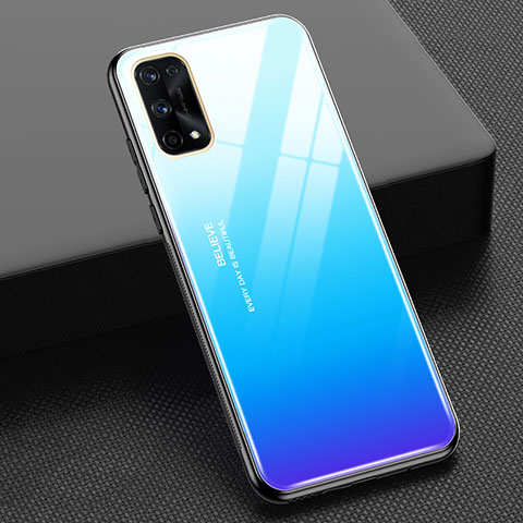 Coque Rebord Contour Silicone et Vitre Miroir Housse Etui Degrade Arc en Ciel pour Realme X7 Pro 5G Bleu Ciel