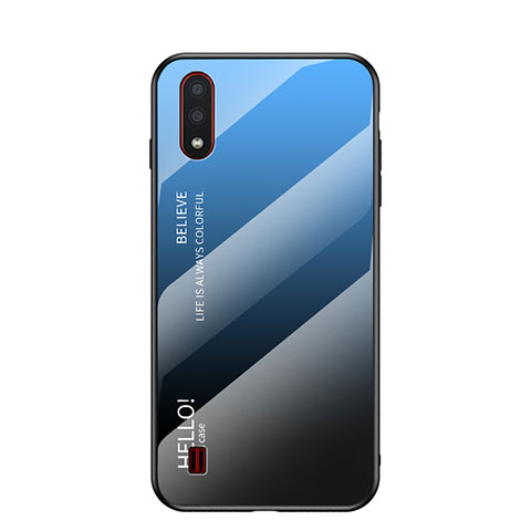 Coque Rebord Contour Silicone et Vitre Miroir Housse Etui Degrade Arc en Ciel pour Samsung Galaxy A01 SM-A015 Bleu