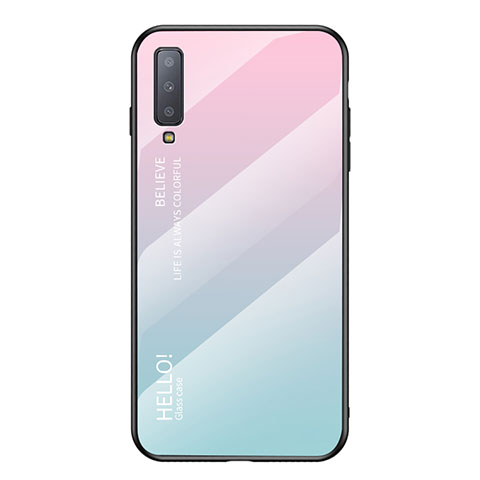 Coque Rebord Contour Silicone et Vitre Miroir Housse Etui Degrade Arc en Ciel pour Samsung Galaxy A7 (2018) A750 Cyan