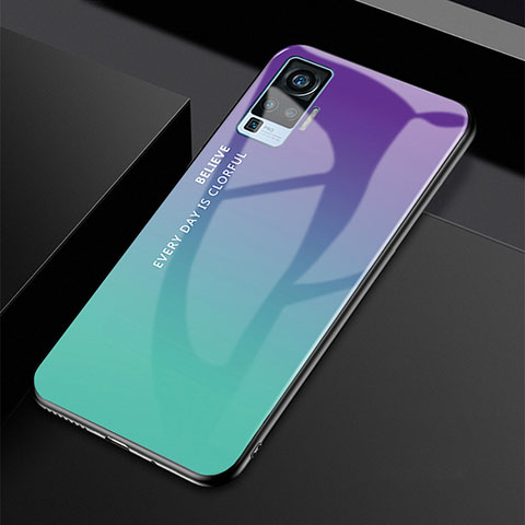 Coque Rebord Contour Silicone et Vitre Miroir Housse Etui Degrade Arc en Ciel pour Vivo X50 Pro 5G Cyan