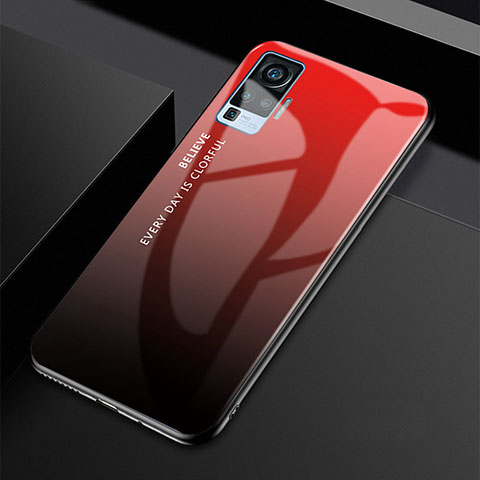 Coque Rebord Contour Silicone et Vitre Miroir Housse Etui Degrade Arc en Ciel pour Vivo X50 Pro 5G Rouge