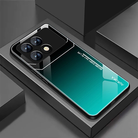 Coque Rebord Contour Silicone et Vitre Miroir Housse Etui Degrade Arc en Ciel pour Xiaomi Redmi K70 5G Cyan