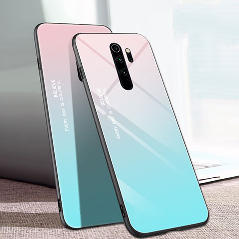 Coque Rebord Contour Silicone et Vitre Miroir Housse Etui Degrade Arc en Ciel pour Xiaomi Redmi Note 8 Pro Cyan