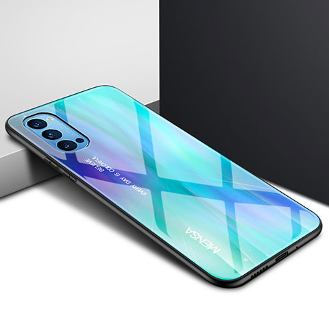 Coque Rebord Contour Silicone et Vitre Miroir Housse Etui pour Oppo Reno4 Pro 5G Cyan