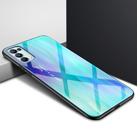 Coque Rebord Contour Silicone et Vitre Miroir Housse Etui pour Oppo Reno5 5G Cyan