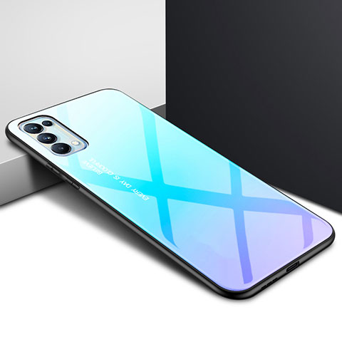 Coque Rebord Contour Silicone et Vitre Miroir Housse Etui pour Oppo Reno5 Pro 5G Bleu Ciel