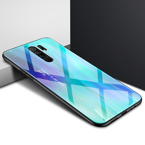 Coque Rebord Contour Silicone et Vitre Miroir Housse Etui pour Xiaomi Redmi 9 Prime India Cyan