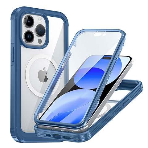 Coque Rebord Contour Silicone et Vitre Transparente Housse Etui 360 Degres avec Mag-Safe Magnetic Magnetique AC1 pour Apple iPhone 13 Pro Bleu