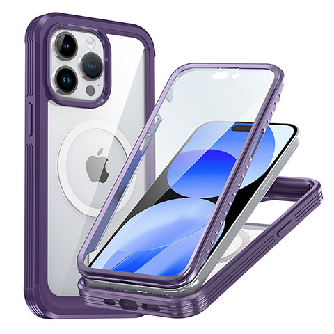 Coque Rebord Contour Silicone et Vitre Transparente Housse Etui 360 Degres avec Mag-Safe Magnetic Magnetique AC1 pour Apple iPhone 16 Pro Max Violet