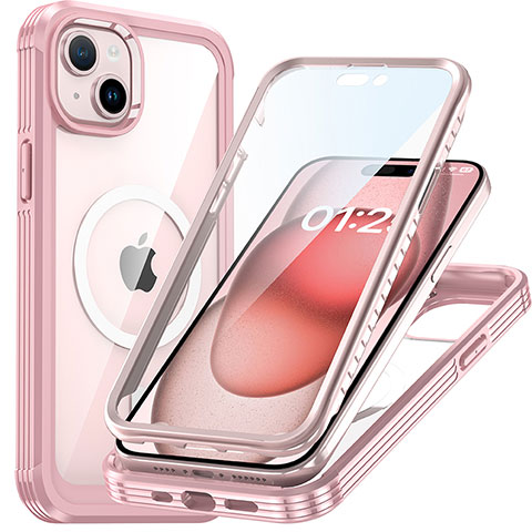 Coque Rebord Contour Silicone et Vitre Transparente Housse Etui 360 Degres avec Mag-Safe Magnetic Magnetique T01 pour Apple iPhone 14 Or Rose