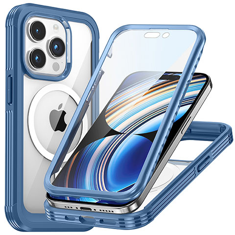 Coque Rebord Contour Silicone et Vitre Transparente Housse Etui 360 Degres avec Mag-Safe Magnetic Magnetique T01 pour Apple iPhone 15 Pro Max Bleu