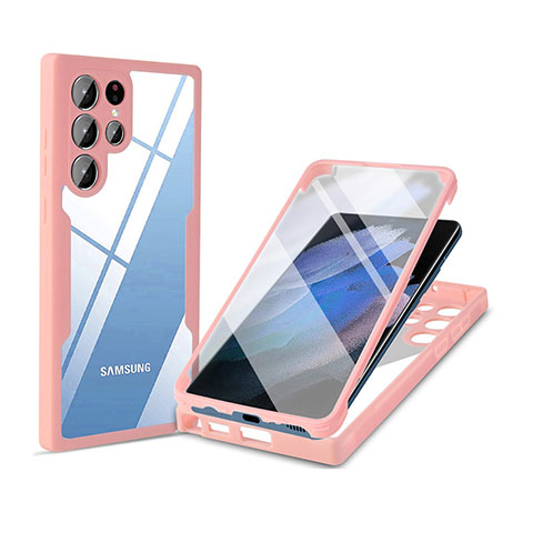 Coque Rebord Contour Silicone et Vitre Transparente Housse Etui 360 Degres M01 pour Samsung Galaxy S22 Ultra 5G Rose