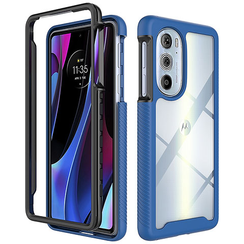 Coque Rebord Contour Silicone et Vitre Transparente Housse Etui 360 Degres pour Motorola Moto Edge 30 Pro 5G Bleu