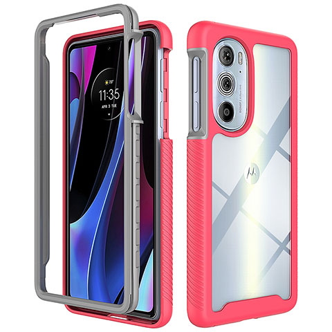 Coque Rebord Contour Silicone et Vitre Transparente Housse Etui 360 Degres pour Motorola Moto Edge 30 Pro 5G Rose Rouge