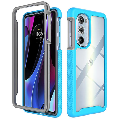 Coque Rebord Contour Silicone et Vitre Transparente Housse Etui 360 Degres pour Motorola Moto Edge Plus (2022) 5G Cyan