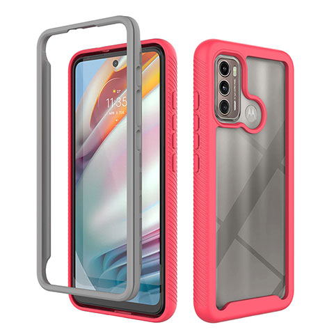 Coque Rebord Contour Silicone et Vitre Transparente Housse Etui 360 Degres pour Motorola Moto G40 Fusion Rose Rouge