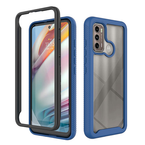 Coque Rebord Contour Silicone et Vitre Transparente Housse Etui 360 Degres pour Motorola Moto G60 Bleu