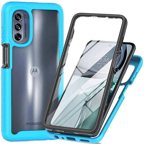 Coque Rebord Contour Silicone et Vitre Transparente Housse Etui 360 Degres pour Motorola Moto G62 5G Cyan