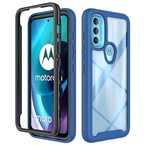 Coque Rebord Contour Silicone et Vitre Transparente Housse Etui 360 Degres pour Motorola Moto G71 5G Bleu