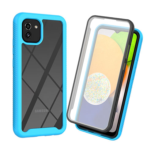 Coque Rebord Contour Silicone et Vitre Transparente Housse Etui 360 Degres pour Samsung Galaxy A03 Bleu Ciel