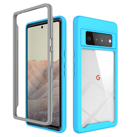 Coque Rebord Contour Silicone et Vitre Transparente Housse Etui 360 Degres ZJ1 pour Google Pixel 6 Pro 5G Bleu Ciel