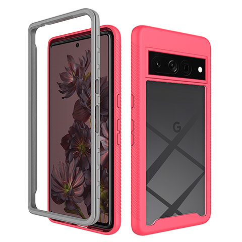 Coque Rebord Contour Silicone et Vitre Transparente Housse Etui 360 Degres ZJ1 pour Google Pixel 7 Pro 5G Rose Rouge