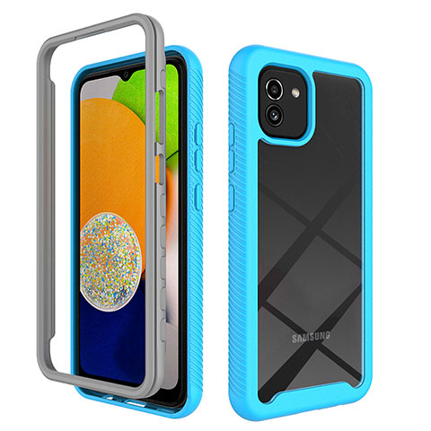 Coque Rebord Contour Silicone et Vitre Transparente Housse Etui 360 Degres ZJ1 pour Samsung Galaxy A03 Bleu Ciel