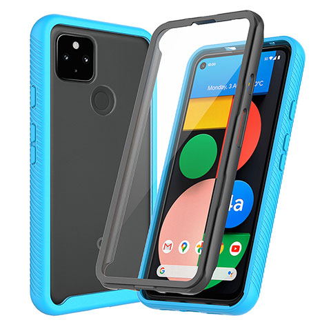 Coque Rebord Contour Silicone et Vitre Transparente Housse Etui 360 Degres ZJ3 pour Google Pixel 4a 5G Bleu Ciel