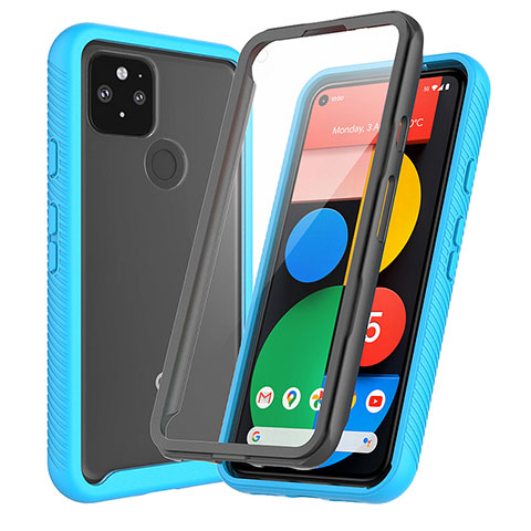 Coque Rebord Contour Silicone et Vitre Transparente Housse Etui 360 Degres ZJ3 pour Google Pixel 5 Bleu Ciel