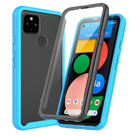 Coque Rebord Contour Silicone et Vitre Transparente Housse Etui 360 Degres ZJ3 pour Google Pixel 5a 5G Bleu Ciel