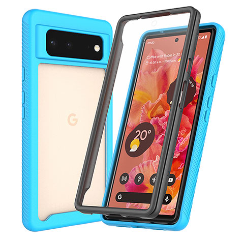 Coque Rebord Contour Silicone et Vitre Transparente Housse Etui 360 Degres ZJ3 pour Google Pixel 6 5G Bleu Ciel