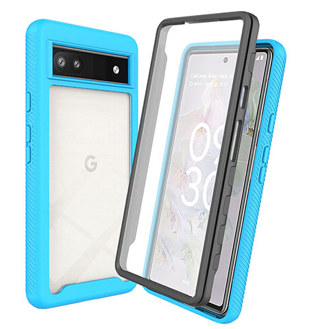 Coque Rebord Contour Silicone et Vitre Transparente Housse Etui 360 Degres ZJ3 pour Google Pixel 6a 5G Bleu Ciel