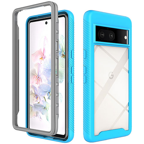 Coque Rebord Contour Silicone et Vitre Transparente Housse Etui 360 Degres ZJ3 pour Google Pixel 7 5G Bleu Ciel