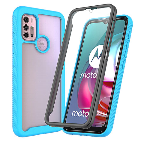 Coque Rebord Contour Silicone et Vitre Transparente Housse Etui 360 Degres ZJ3 pour Motorola Moto G10 Power Bleu Ciel