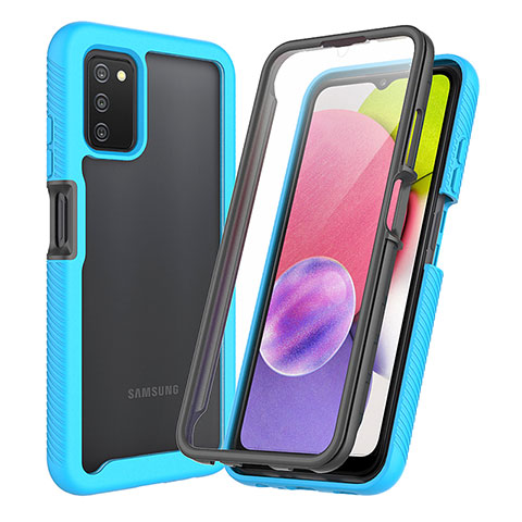 Coque Rebord Contour Silicone et Vitre Transparente Housse Etui 360 Degres ZJ3 pour Samsung Galaxy A03s Bleu Ciel