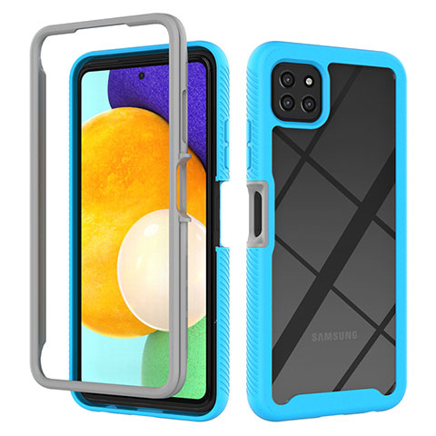 Coque Rebord Contour Silicone et Vitre Transparente Housse Etui 360 Degres ZJ3 pour Samsung Galaxy A22 5G Bleu Ciel