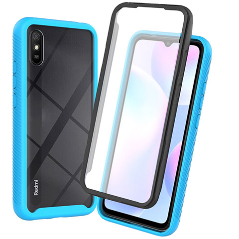 Coque Rebord Contour Silicone et Vitre Transparente Housse Etui 360 Degres ZJ3 pour Xiaomi Redmi 9A Bleu Ciel