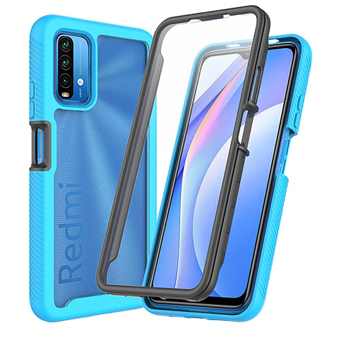 Coque Rebord Contour Silicone et Vitre Transparente Housse Etui 360 Degres ZJ3 pour Xiaomi Redmi 9T 4G Bleu Ciel