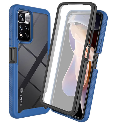 Coque Rebord Contour Silicone et Vitre Transparente Housse Etui 360 Degres ZJ3 pour Xiaomi Redmi Note 11 Pro+ Plus 5G Bleu