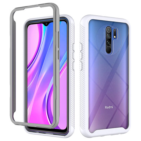 Coque Rebord Contour Silicone et Vitre Transparente Housse Etui 360 Degres ZJ4 pour Xiaomi Redmi 9 Prime India Blanc