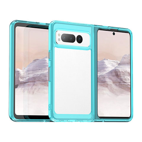 Coque Rebord Contour Silicone et Vitre Transparente Housse Etui J01S pour Google Pixel Fold 5G Bleu