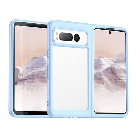 Coque Rebord Contour Silicone et Vitre Transparente Housse Etui J01S pour Google Pixel Fold 5G Bleu Ciel