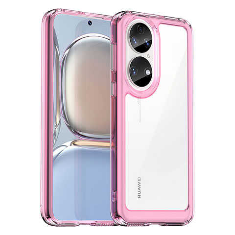 Coque Rebord Contour Silicone et Vitre Transparente Housse Etui J01S pour Huawei P50 Pro Rose Rouge