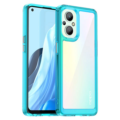 Coque Rebord Contour Silicone et Vitre Transparente Housse Etui J01S pour Oppo Reno7 Z 5G Cyan